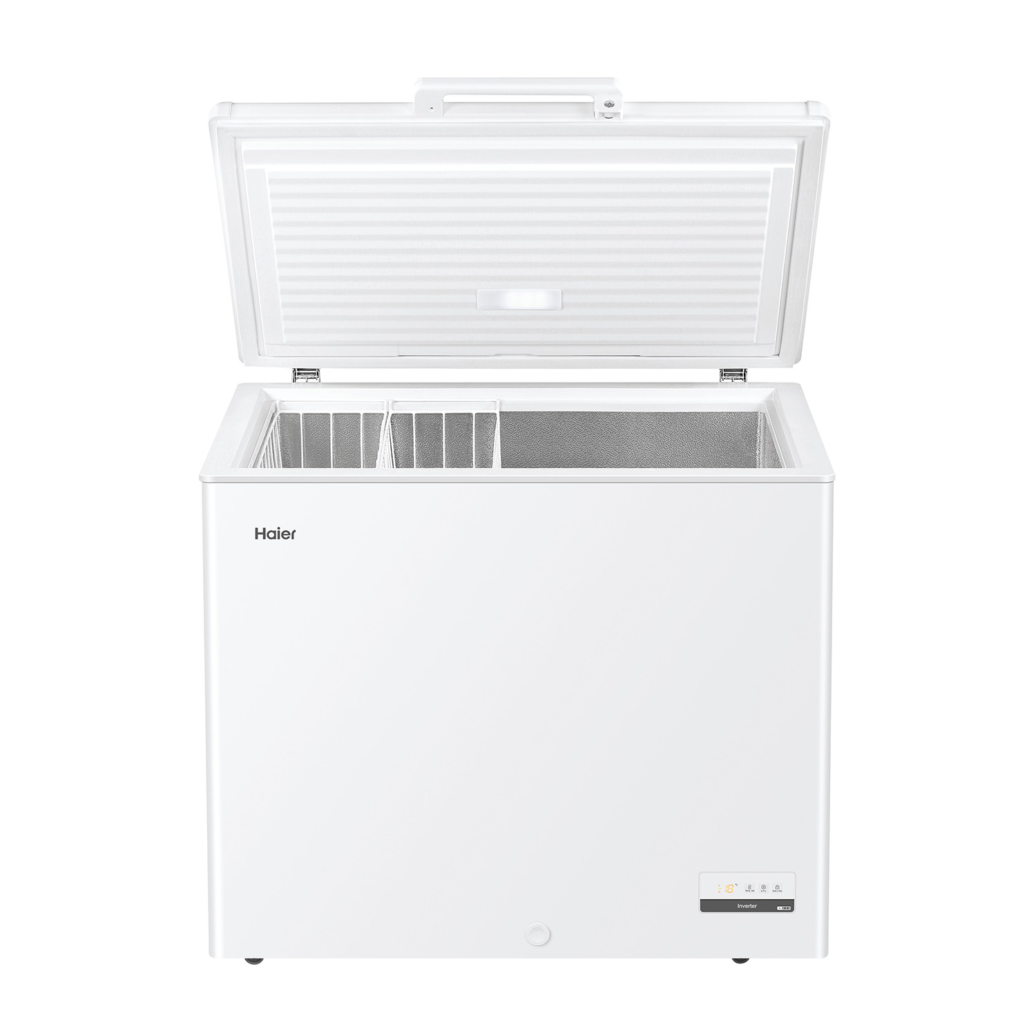 Congelatore a pozzetto Haier bianco con coperchio aperto, mostrando l'interno.