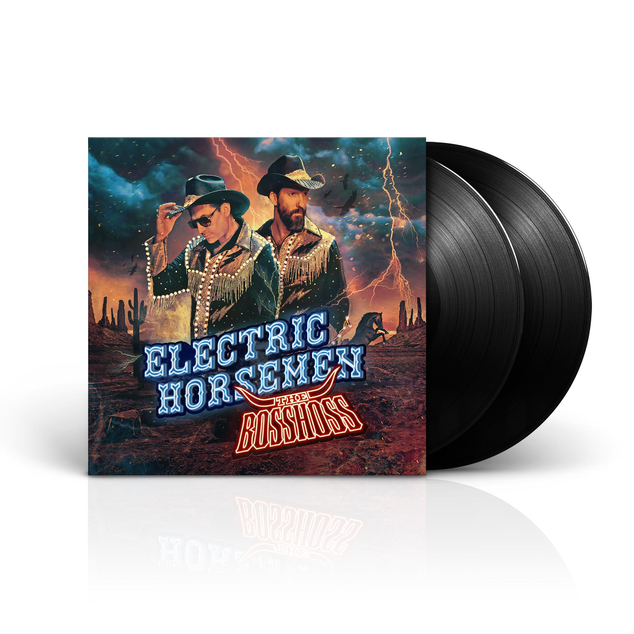 Albumcover von The BossHoss mit zwei Schallplatten auf weißem Untergrund.