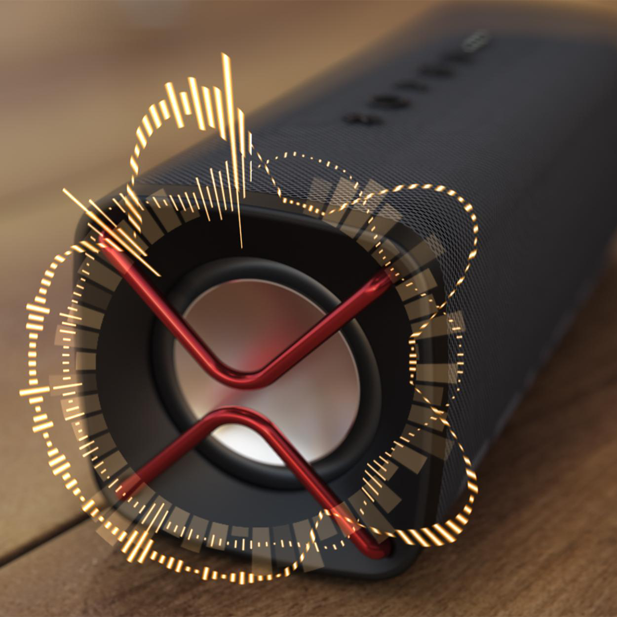 Nahaufnahme eines schwarzen Lautsprechers mit Grafik der Schallwelle. Der Lautsprecher steht auf Holz.