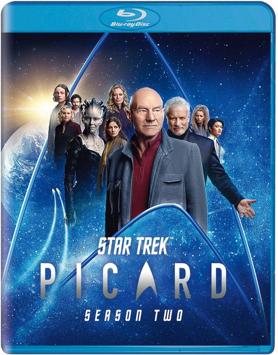 Blu-ray disc cover van Star Trek: Picard Seizoen Twee. Bevat Patrick Stewart en andere castleden tegen een blauwe ruimte achtergrond.