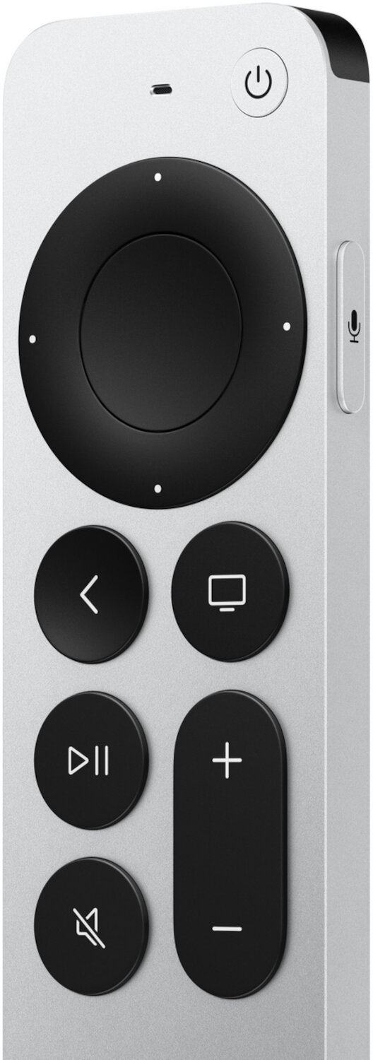 A silver remote control with a circular control pad and several buttons for navigation.