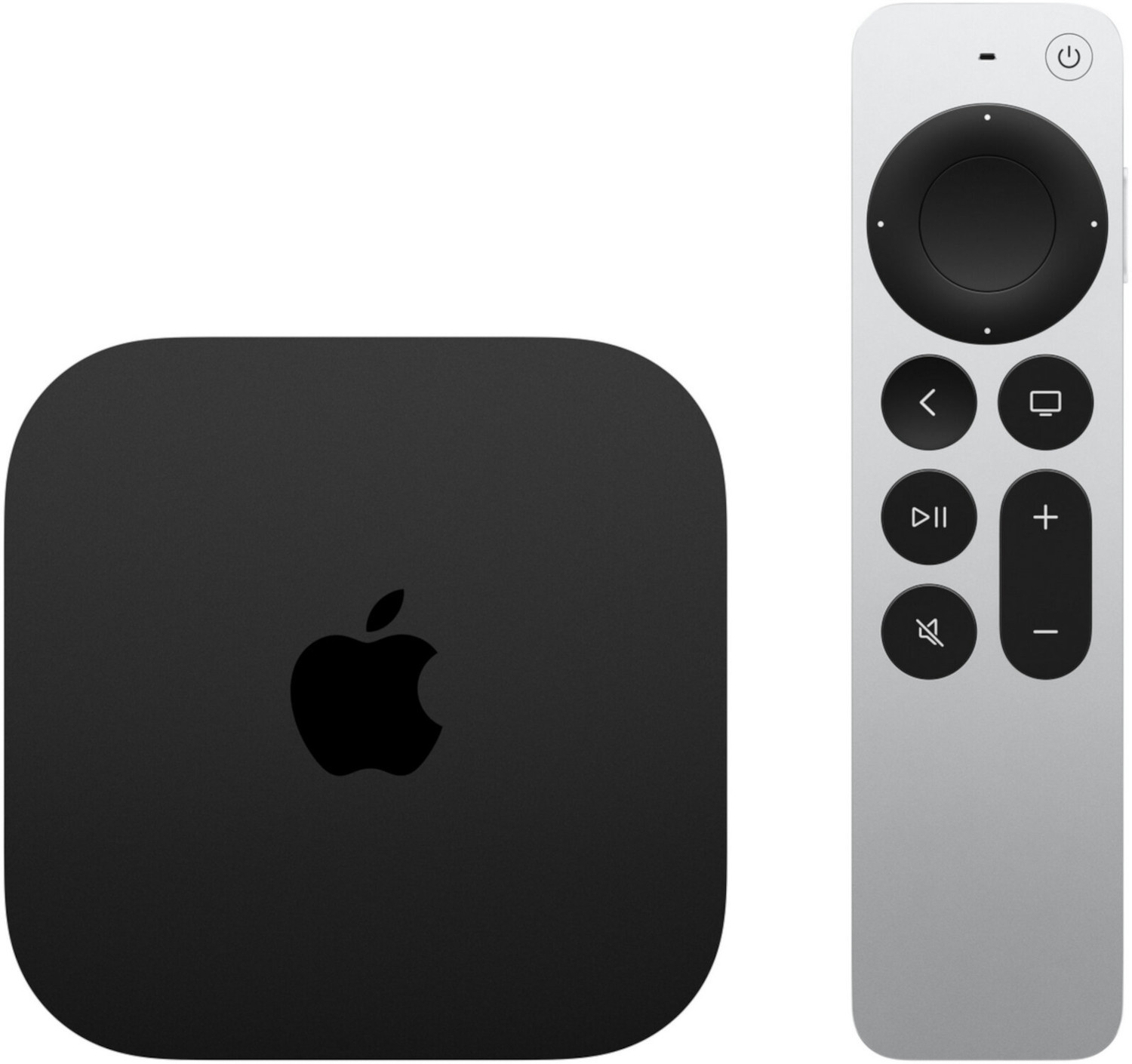 Apple TV box and remote. The box is black with the Apple logo. The remote is silver and has a circle.