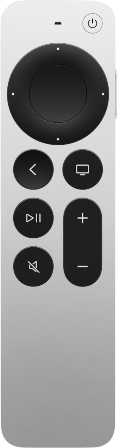 Zilveren Apple TV-afstandsbediening met zwarte ronde knoppen. Aan/uit-knop bovenaan.
