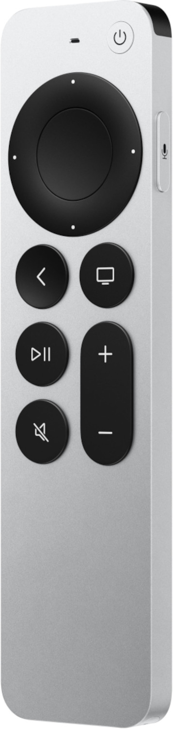 Zilveren Apple TV-afstandsbediening met knoppen en microfoon op witte achtergrond.