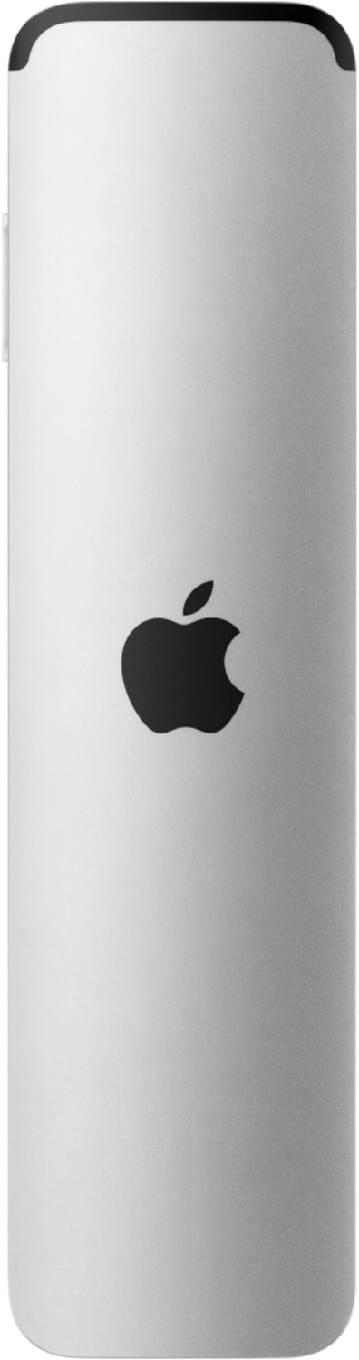 Zilveren Apple TV-afstandsbediening met Apple-logo zichtbaar.