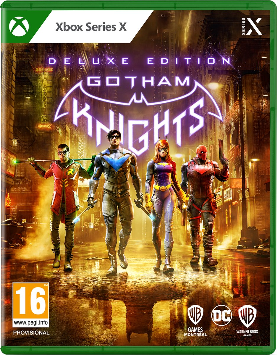 Xbox Series X gamebox, Gotham Knights, met vier personages die lopen en een paars logo erboven.