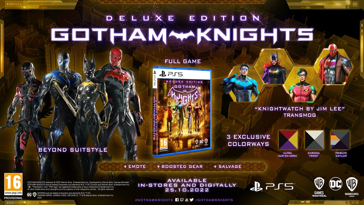 Gotham Knights Deluxe Edition game cover met karakters. Game case en karakters op de achtergrond.