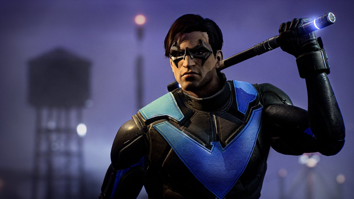 Een nachtscène uit de game Gotham Knights, met het personage Nightwing.