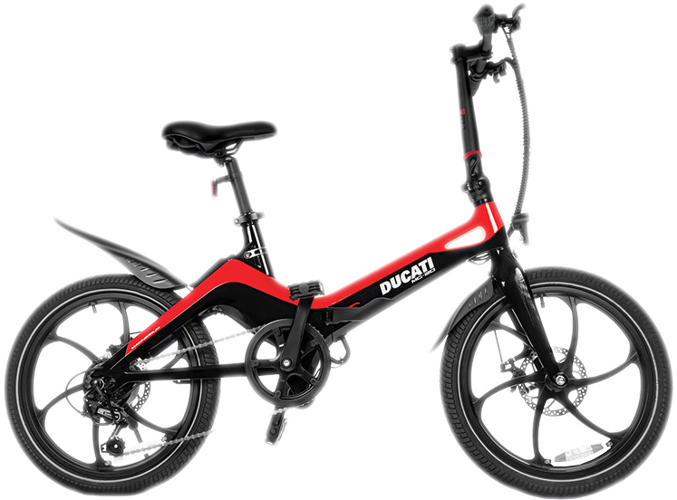 Vélo électrique pliant Ducati rouge et noir avec des roues noires.