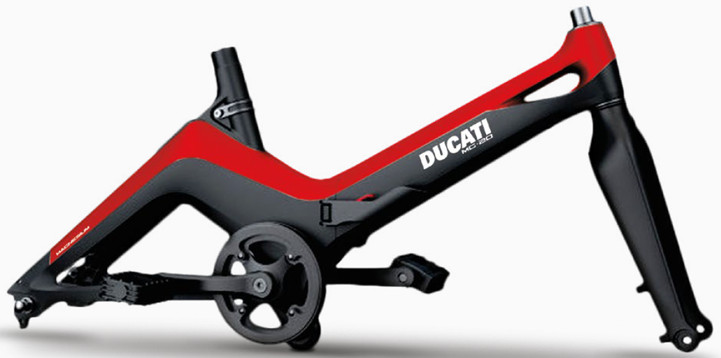 Cadre de vélo Ducati MC-20, noir et rouge, avec un logo.