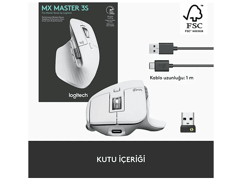 LOGITECH MX Master 3S Performans 8.000 DPI Optik Sensörlü Sessiz Kablosuz Mouse - Beyaz_8