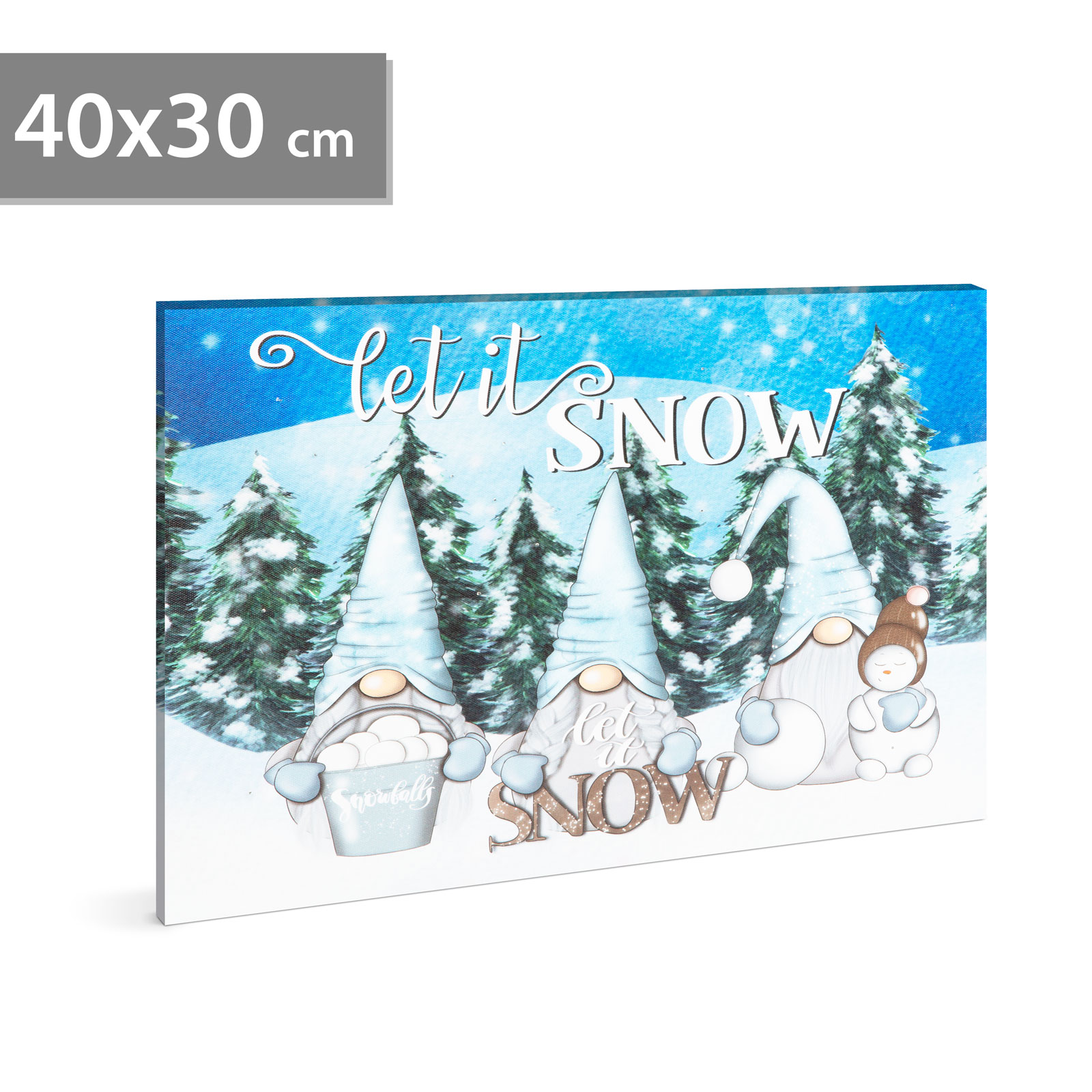 Vászonnyomat három gnómot ábrázol hógolyókkal. A 'let it snow' felirat látható.