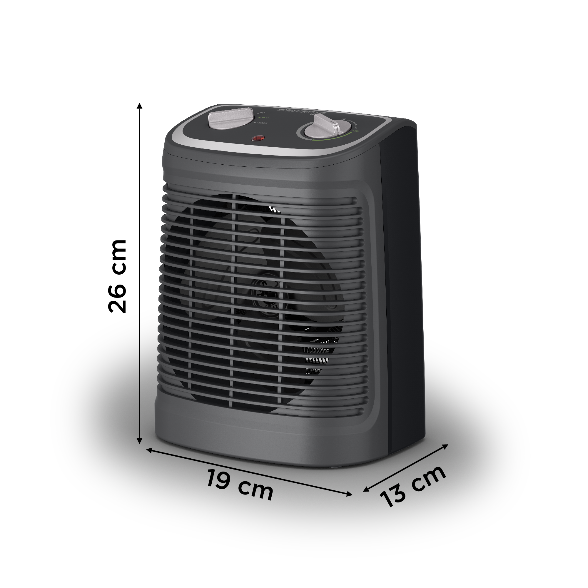 Calentador espacial negro y gris. Tiene un ventilador y perillas de control. Se muestran las dimensiones en cm.