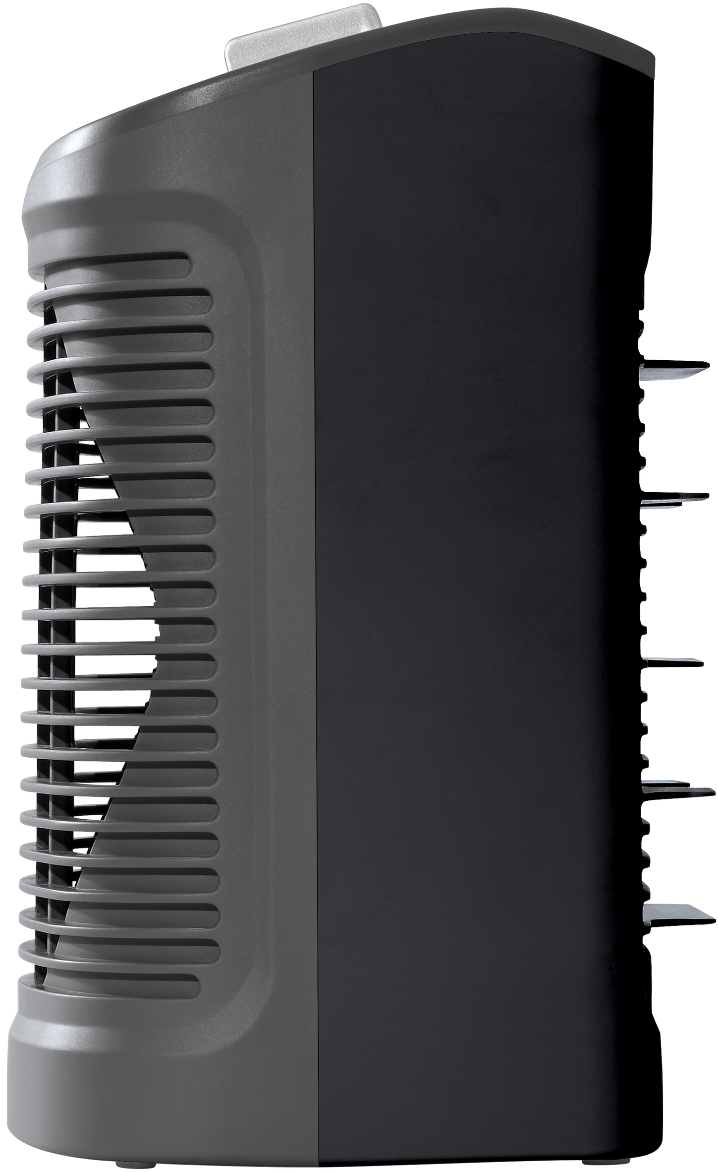 Purificador de aire negro, vista lateral, con paneles frontales grises y traseros negros. El ventilador tiene un diseño curvado.