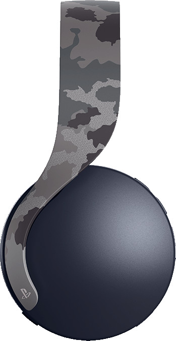 Close-up van een zwart-grijs camouflageontwerp op een koptelefoon. De oorschelp is donker, de band is camo.