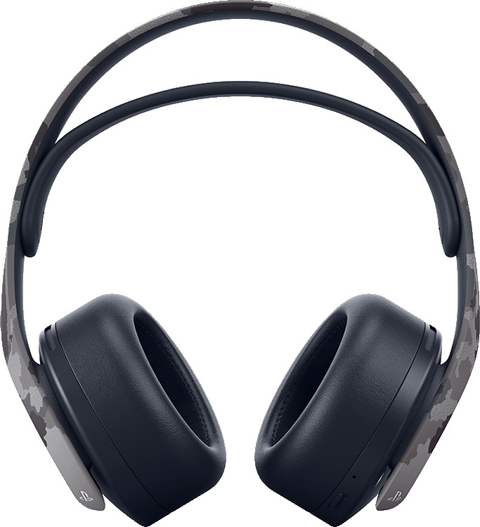 Over-ear camouflage koptelefoon, met grijze en zwarte patronen, iets schuin.