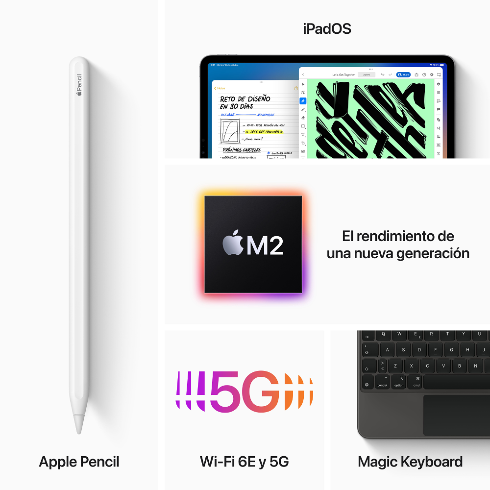 Apple Pencil, iPadOS, chip M2, Wi-Fi 6E y 5G, Magic Keyboard con texto.