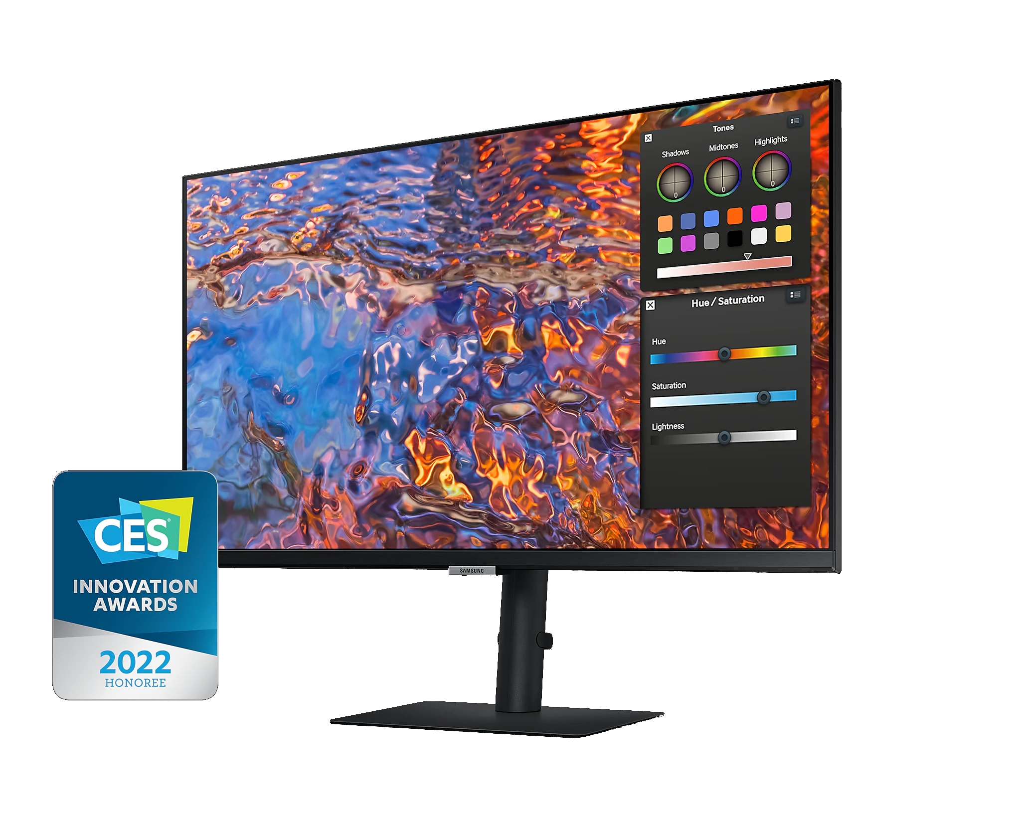 Un monitor con opciones de ajuste de color y una insignia de los Premios a la Innovación CES.