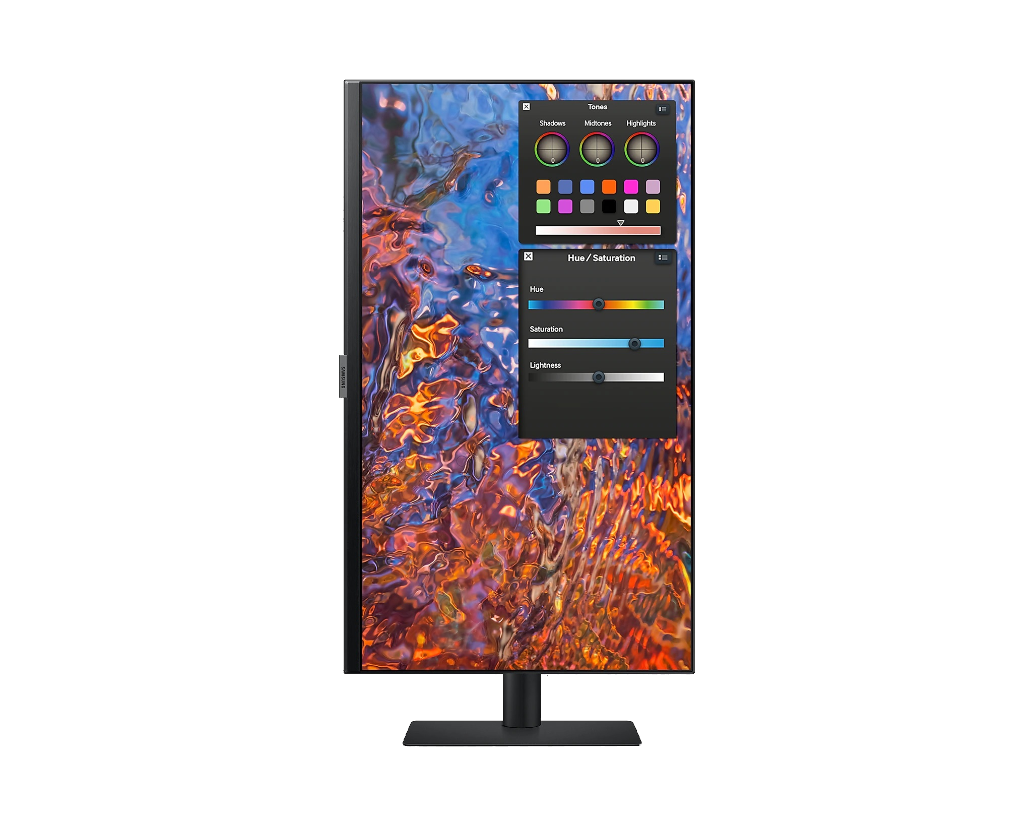 Monitor que muestra un menú de ajuste de color. La pantalla muestra una imagen colorida.
