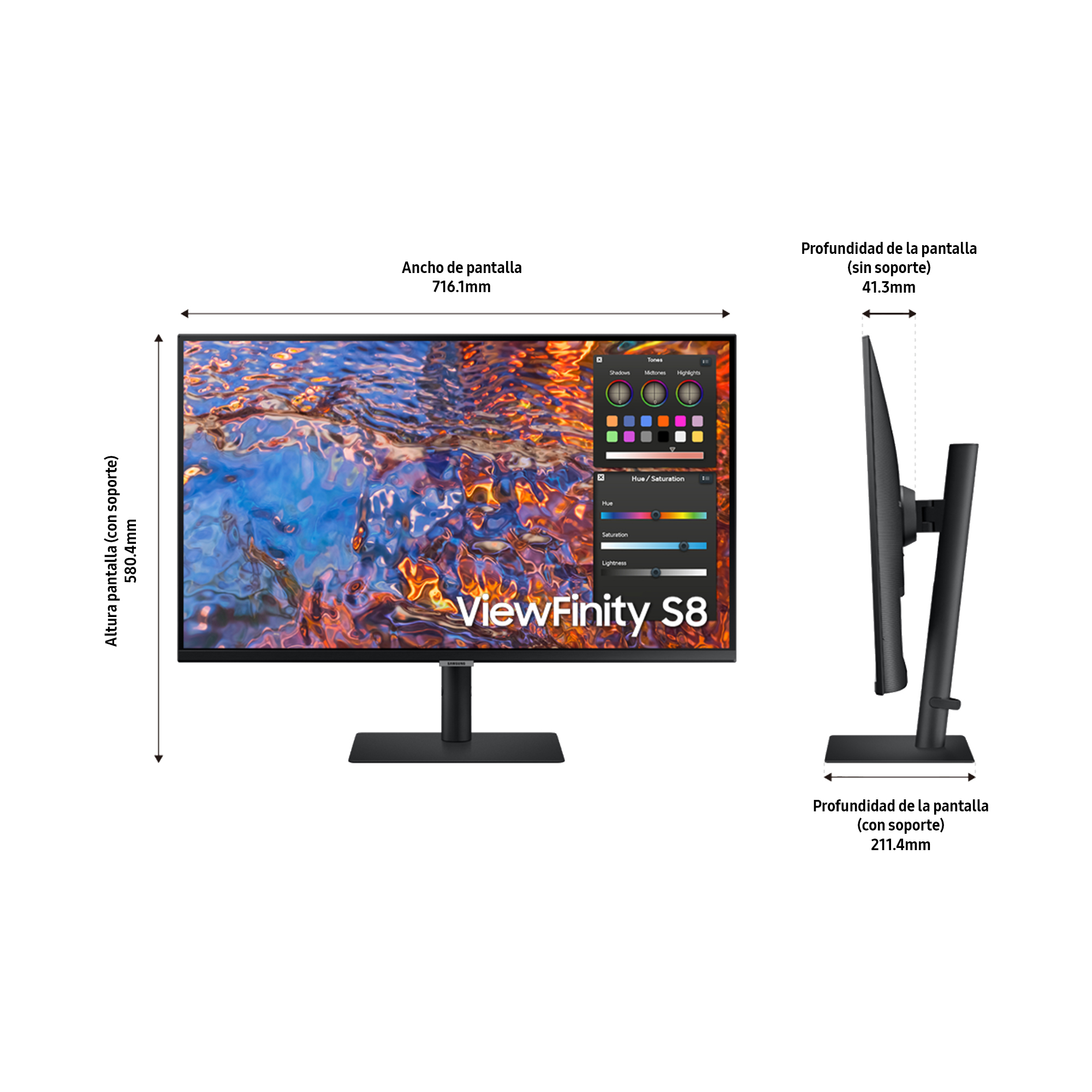 Monitor mostrando ajustes de color. Se muestran las dimensiones. El monitor es negro con soporte.