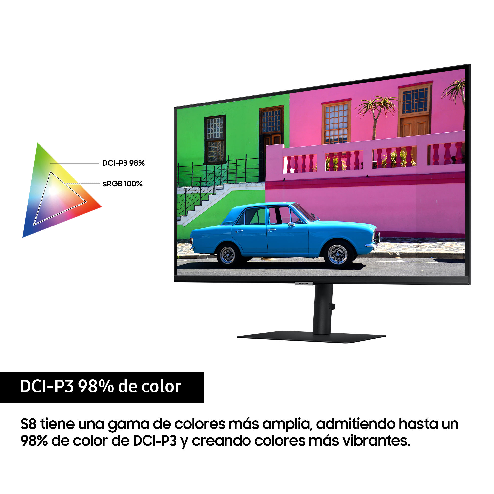 Un monitor muestra un coche en una calle colorida. Una paleta de colores se muestra en la esquina, DCI-P3 98%.