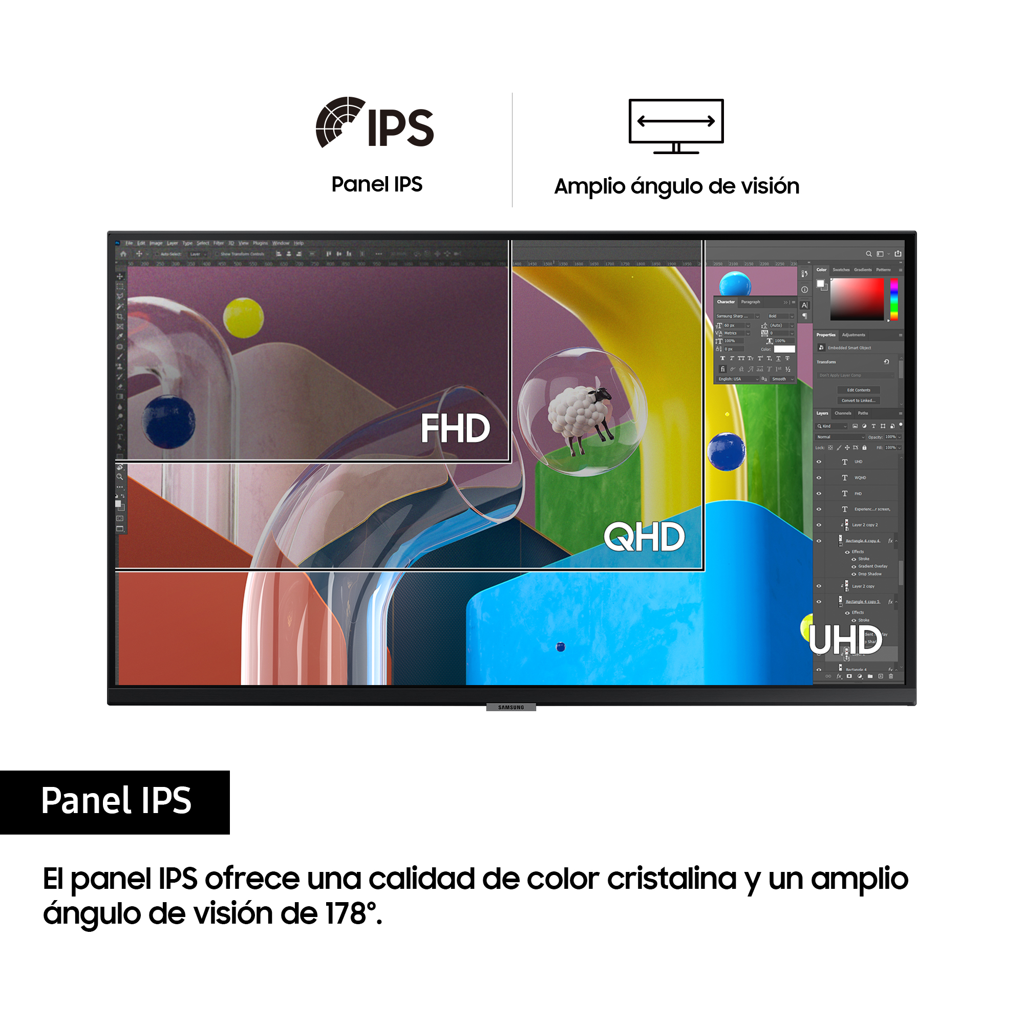 Un monitor mostrando una interfaz de diseño con paneles mostrando varias resoluciones.