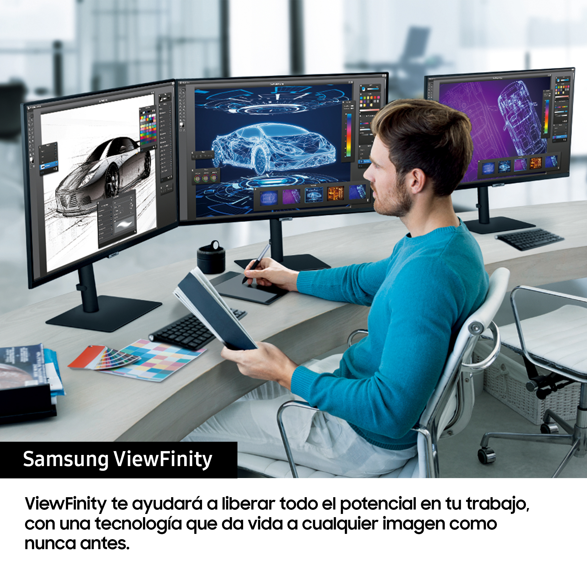 Hombre usando tableta en escritorio con tres monitores mostrando software de diseño. Logo Samsung ViewFinity.