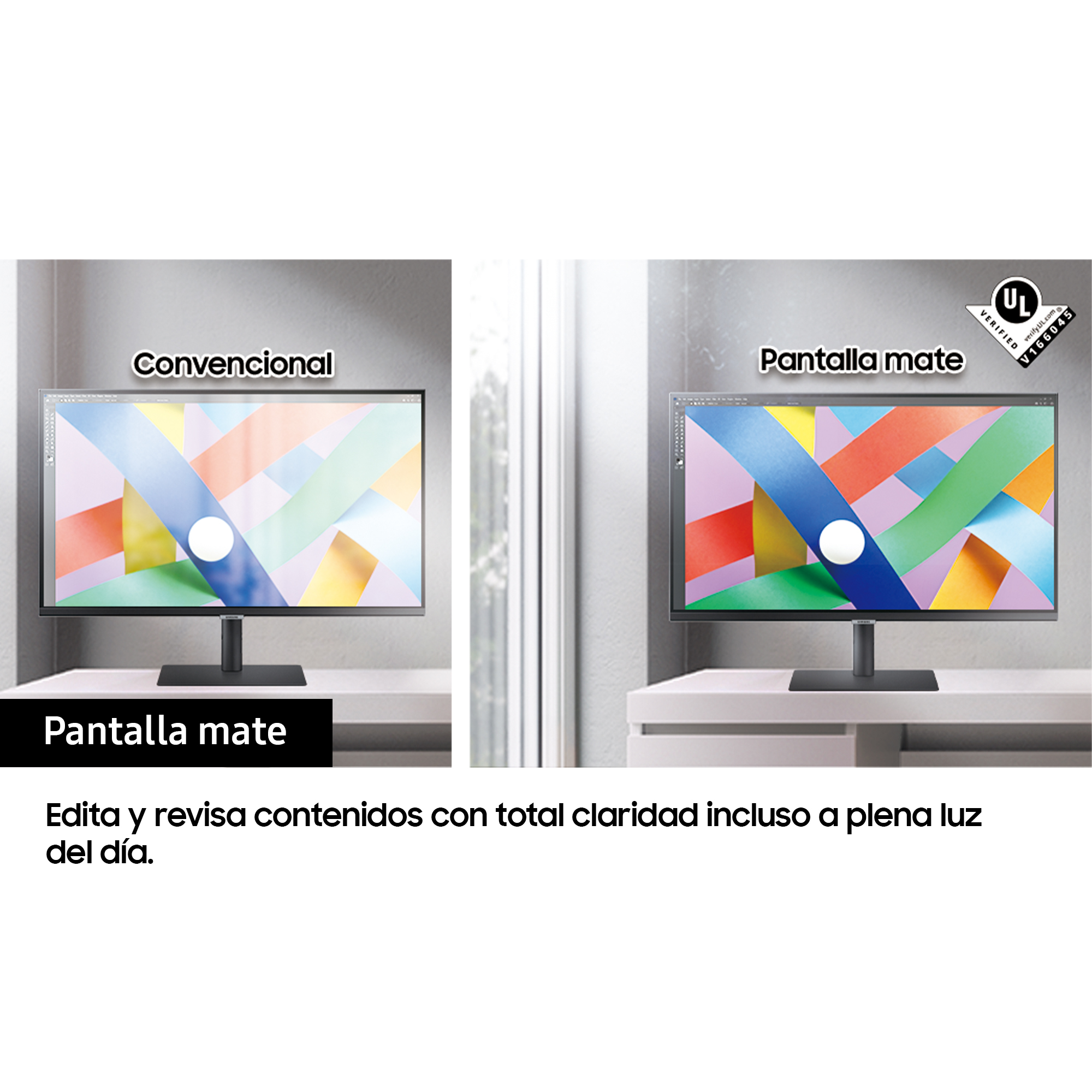 Dos monitores de computadora uno al lado del otro. Uno es convencional, el otro mate.