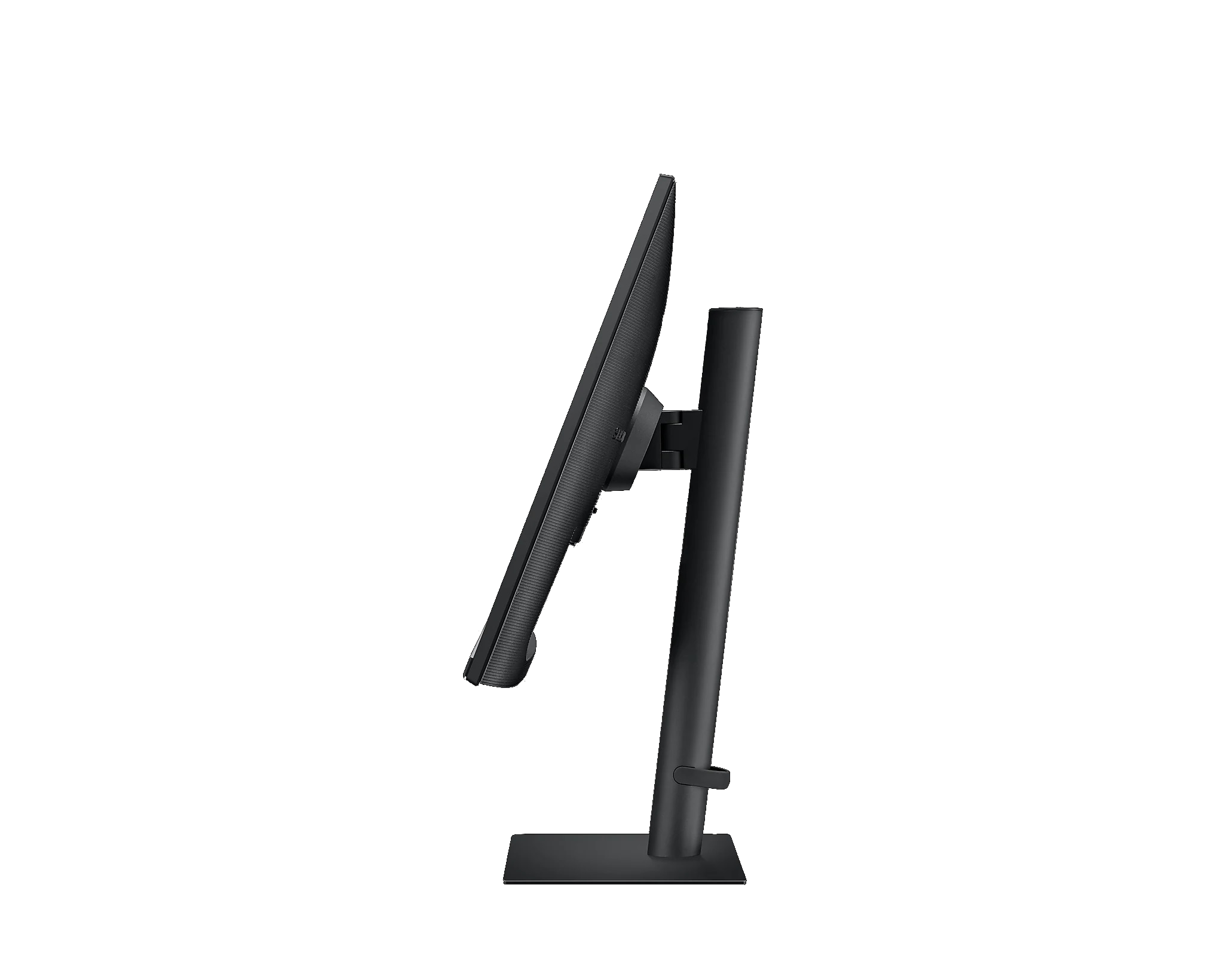 Monitor negro, vista lateral, sobre un soporte negro. Fondo negro liso.