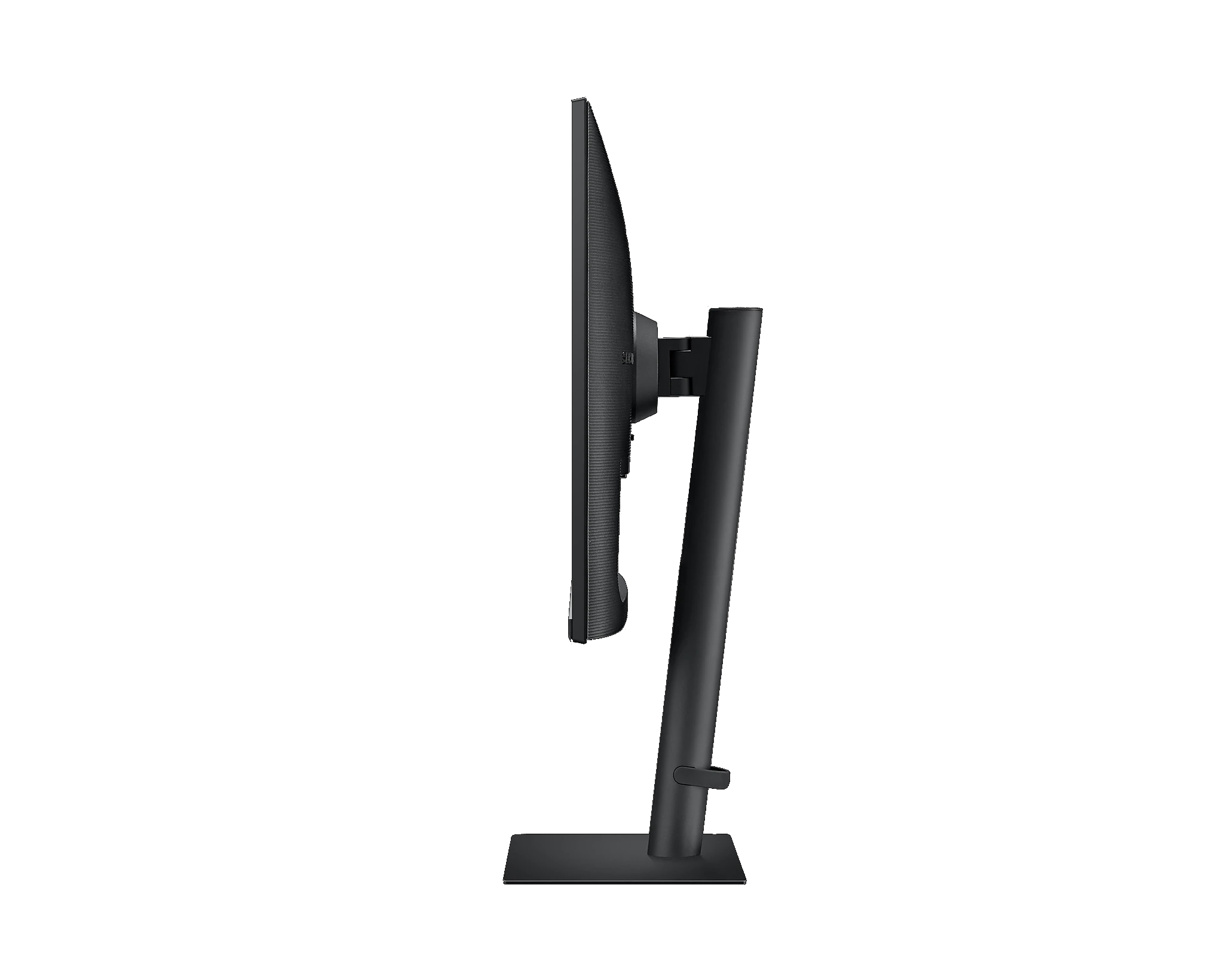 Una vista lateral de un monitor negro con un soporte negro, aislado sobre negro.
