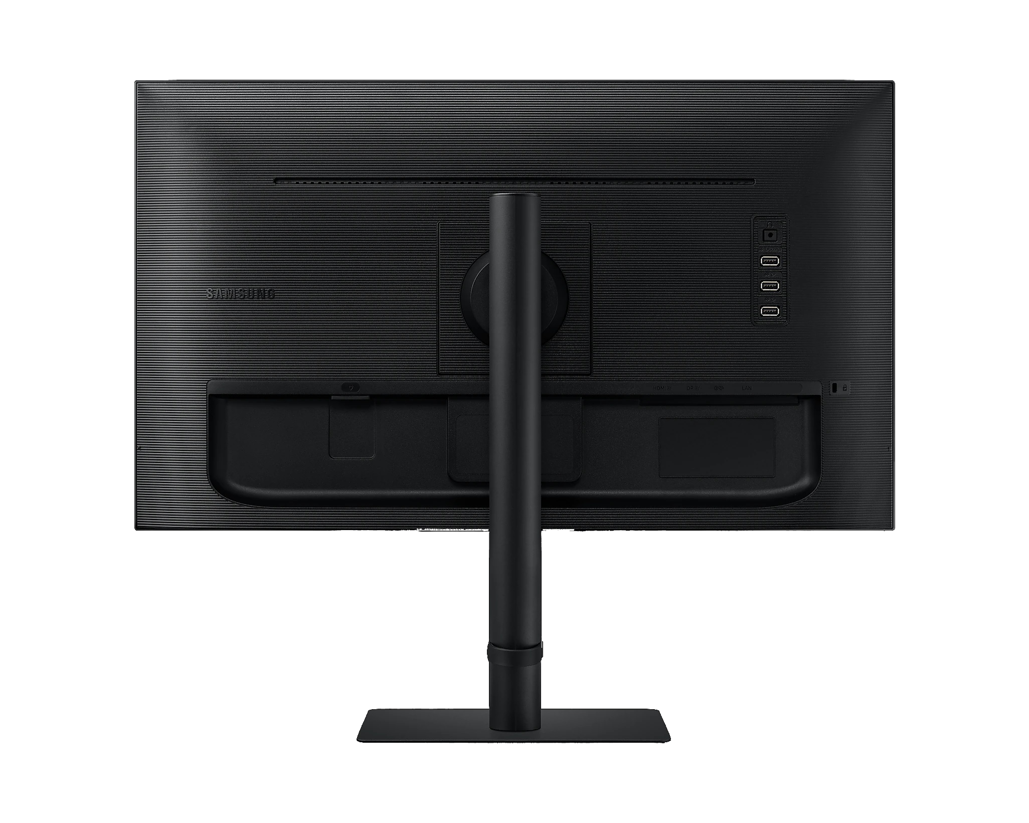 Parte trasera de un monitor negro con soporte. Varios puertos son visibles. Fondo negro.