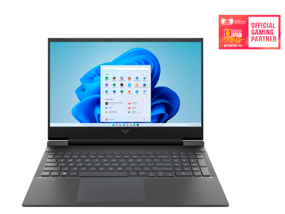 Portátil negro con Windows 11 abierto. La pantalla de Windows muestra aplicaciones. Fondo blanco con logo.
