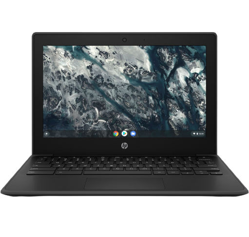 Portátil HP Chromebook negro, abierto, mostrando la pantalla con un fondo de escritorio.