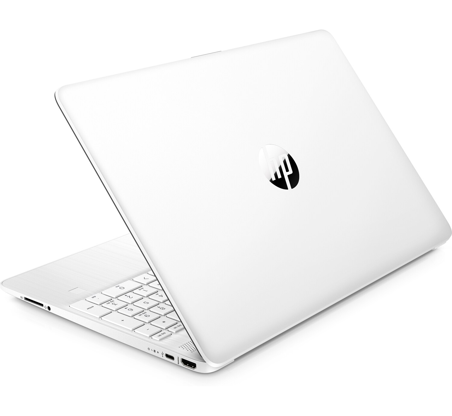 Portátil blanco, vista trasera, con logo HP. Abierto, muestra teclado y panel táctil. Superficie blanca.