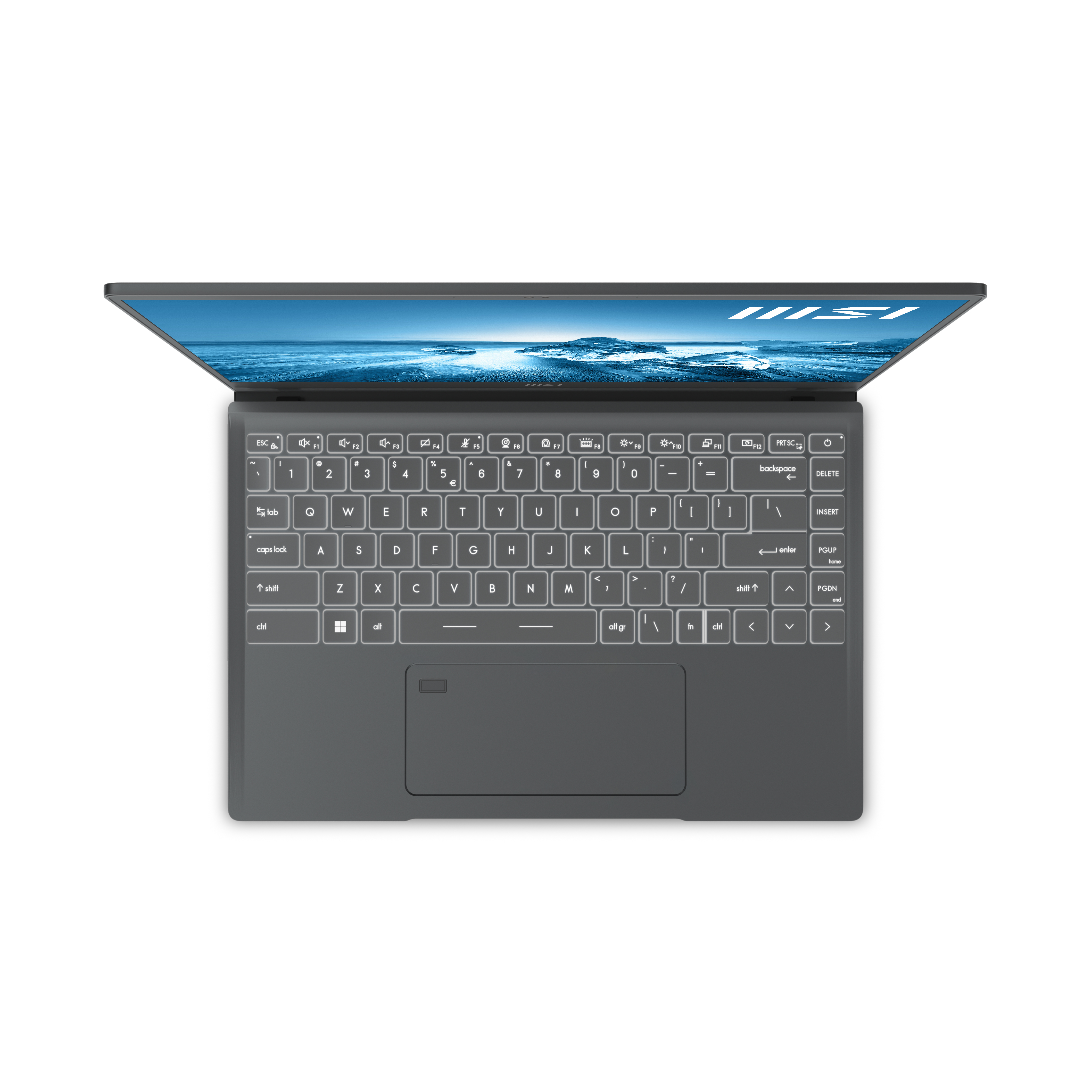 Una vista superior de un portátil con teclado iluminado. La pantalla muestra una imagen azul.
