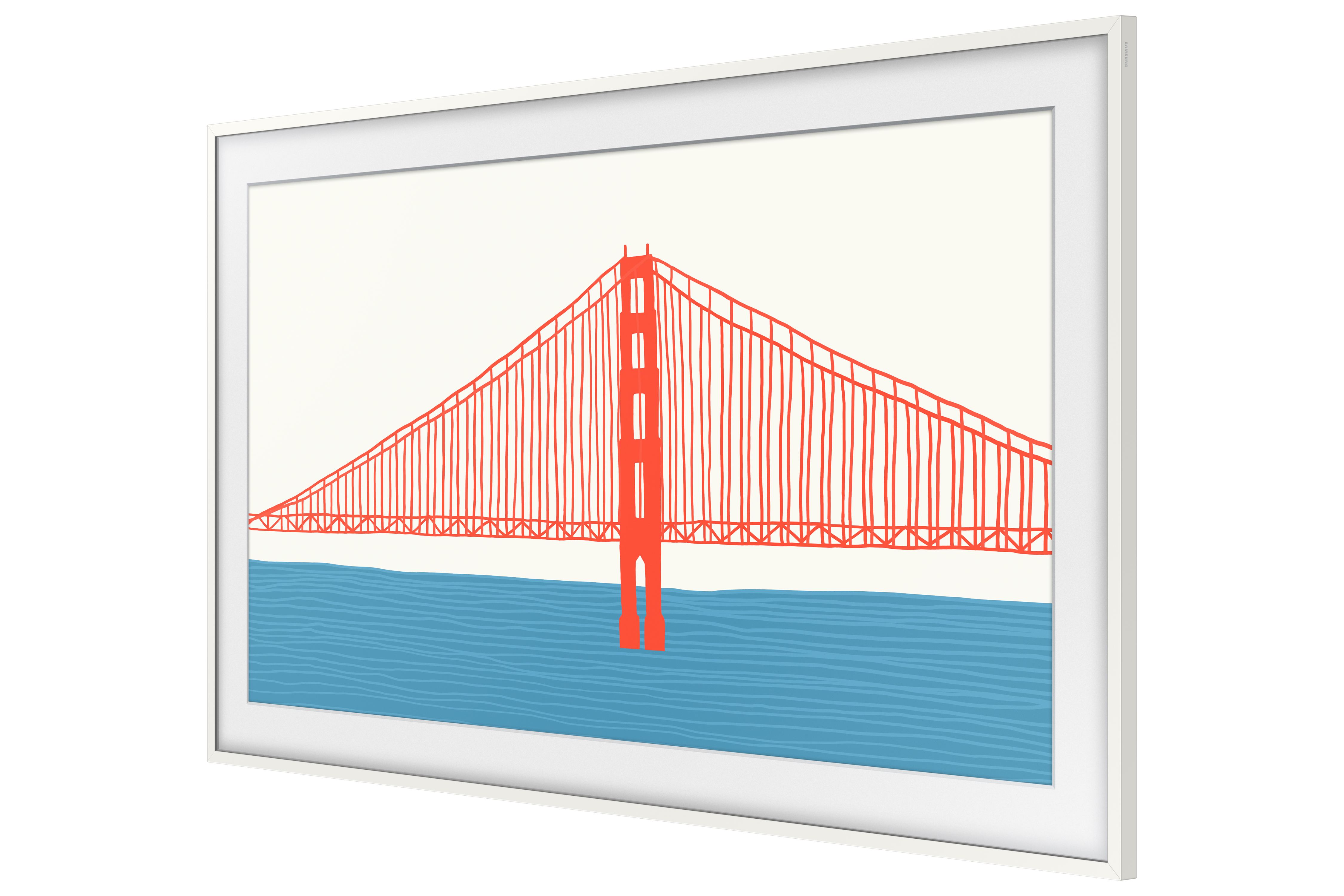 Un televisor con marco blanco muestra una ilustración roja del puente Golden Gate sobre agua azul.