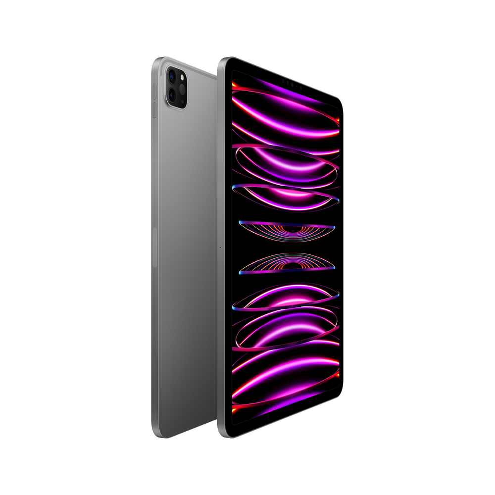 Dos tabletas grises, una en ángulo, con una pantalla que muestra un patrón abstracto colorido. La parte trasera es visible.