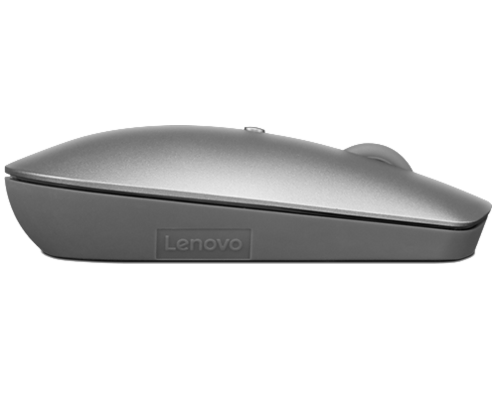 Ratón Lenovo gris, vista lateral. El ratón tiene un diseño elegante y ergonómico.