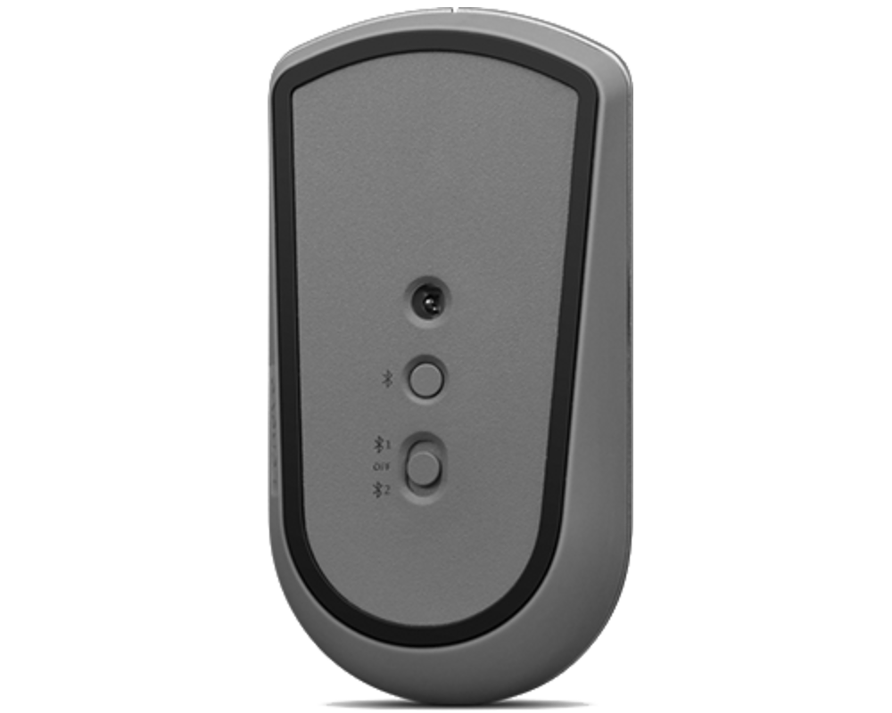 La parte inferior de un ratón de computadora gris con botones para bluetooth y encendido.