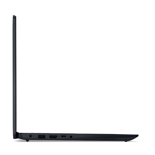 Un portátil negro sobre un fondo negro. Vista lateral que muestra puertos y el teclado.
