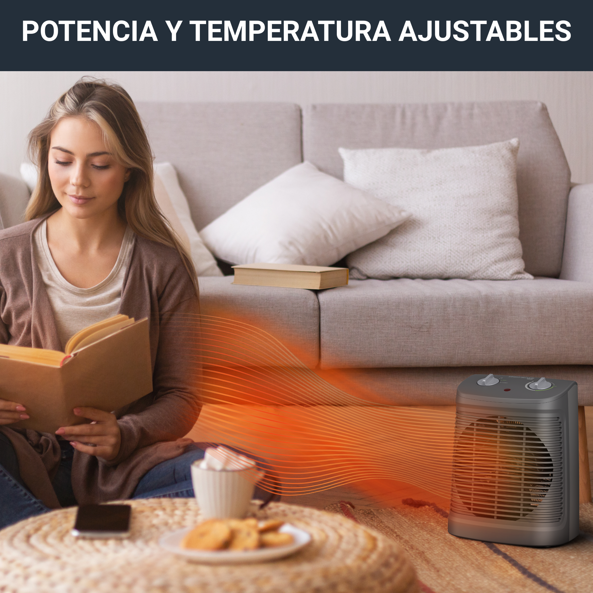 Una mujer leyendo un libro cerca de un calefactor, con café y galletas en una alfombra.
