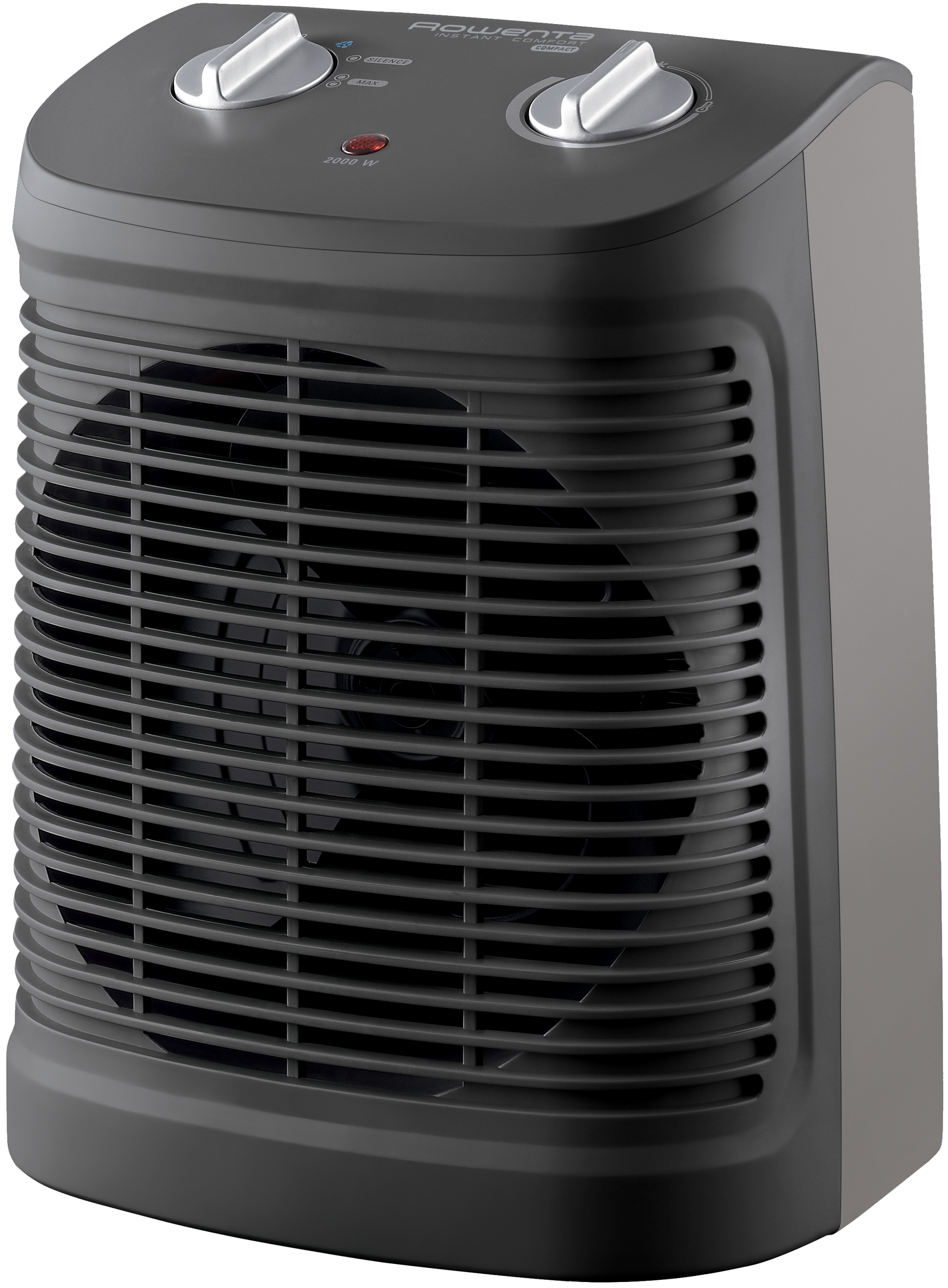 Un calefactor negro y gris con rejilla protectora. Dos diales de control en la parte superior.