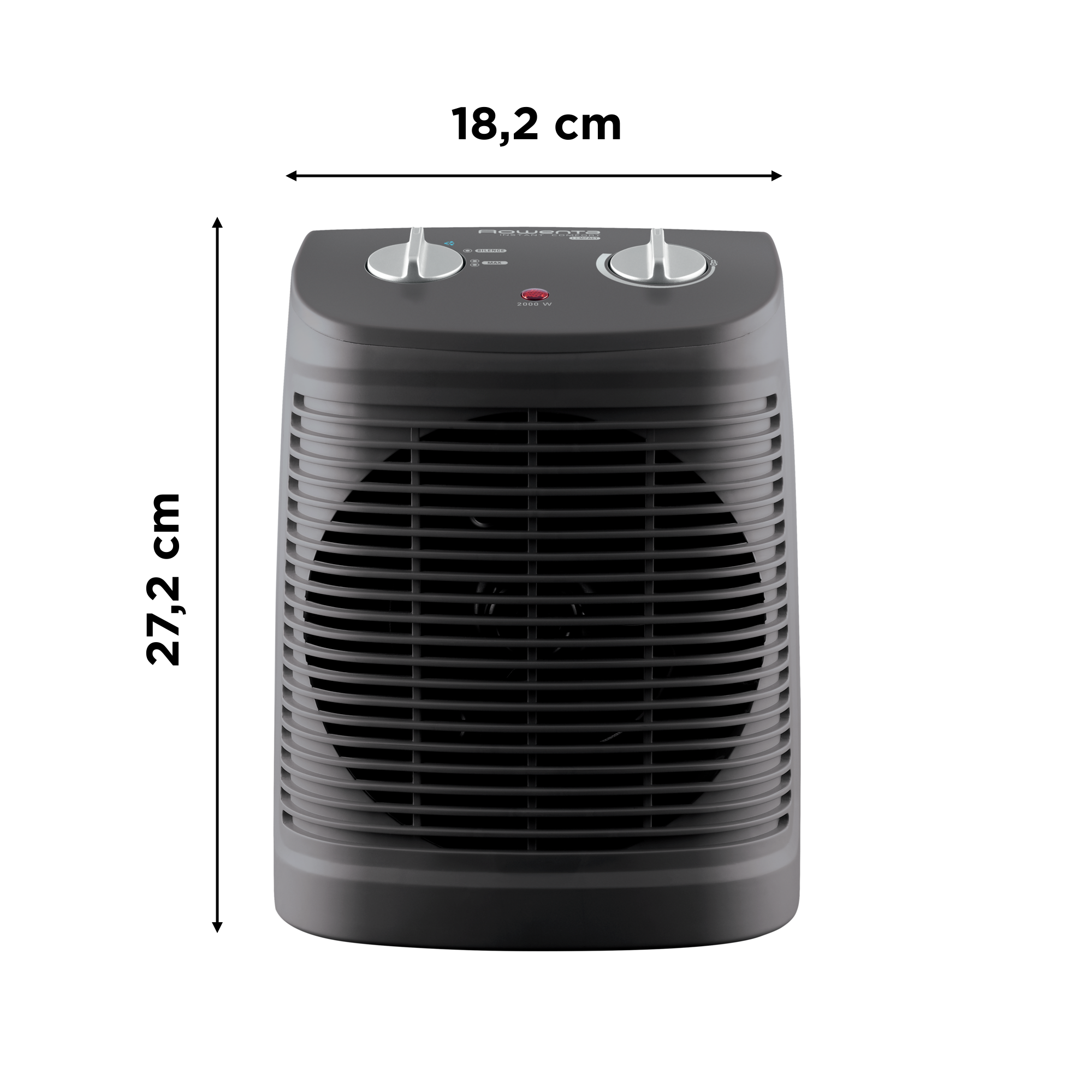 Un calefactor eléctrico negro con dimensiones. Dos perillas y una luz roja en la parte superior.