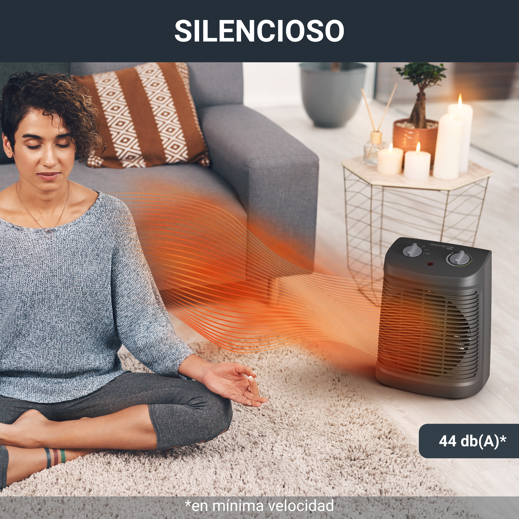 Mujer meditando frente a un calefactor, con texto 'SILENCIOSO' y '44 db(A)'.