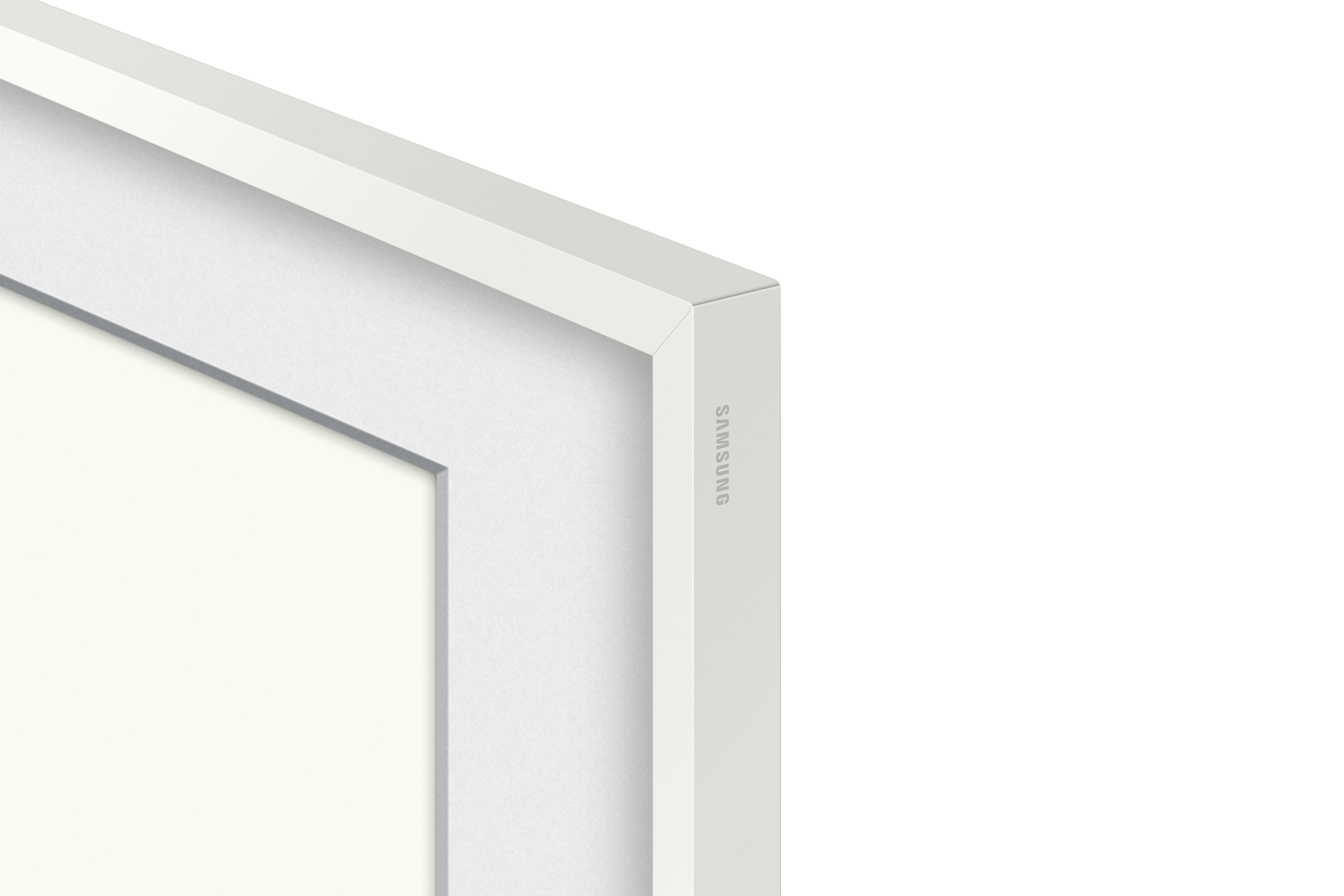Primer plano de un marco blanco de Samsung, con el logotipo de Samsung en el lateral.