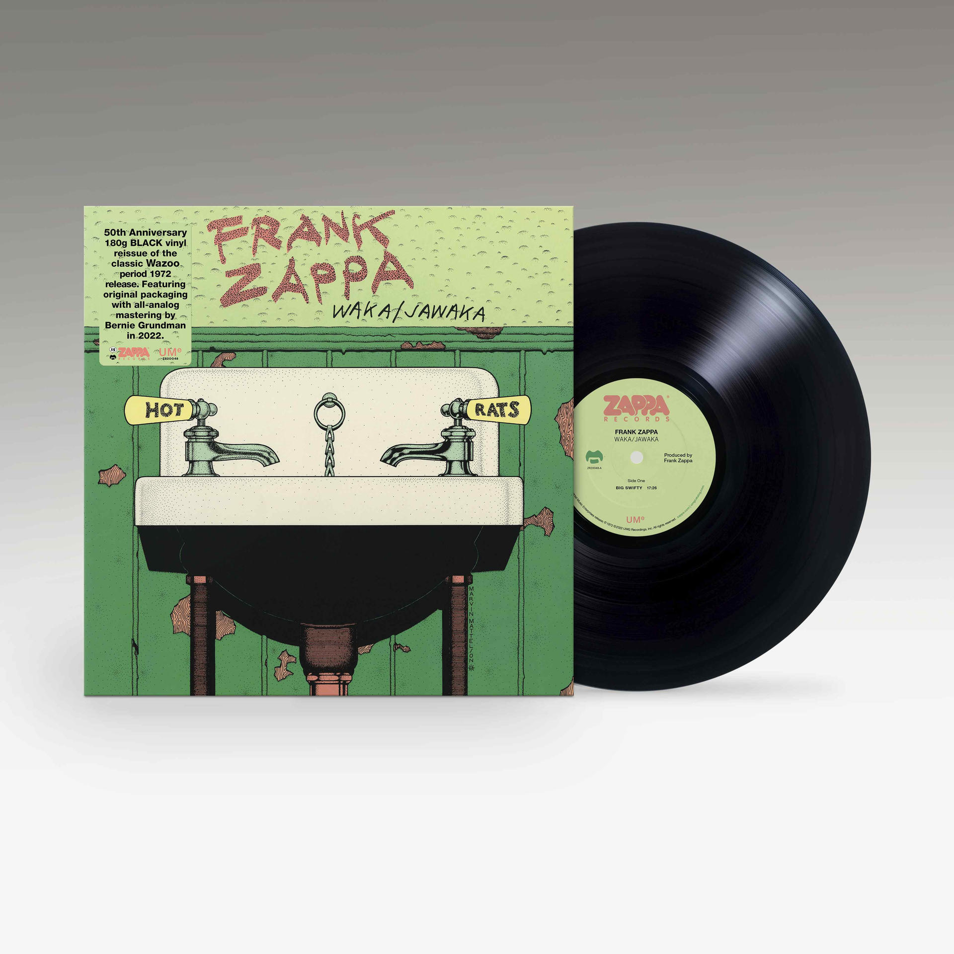 Frank Zappa Albumcover, schwarze Schallplatte. Das Album heißt Waka/Jawaka.