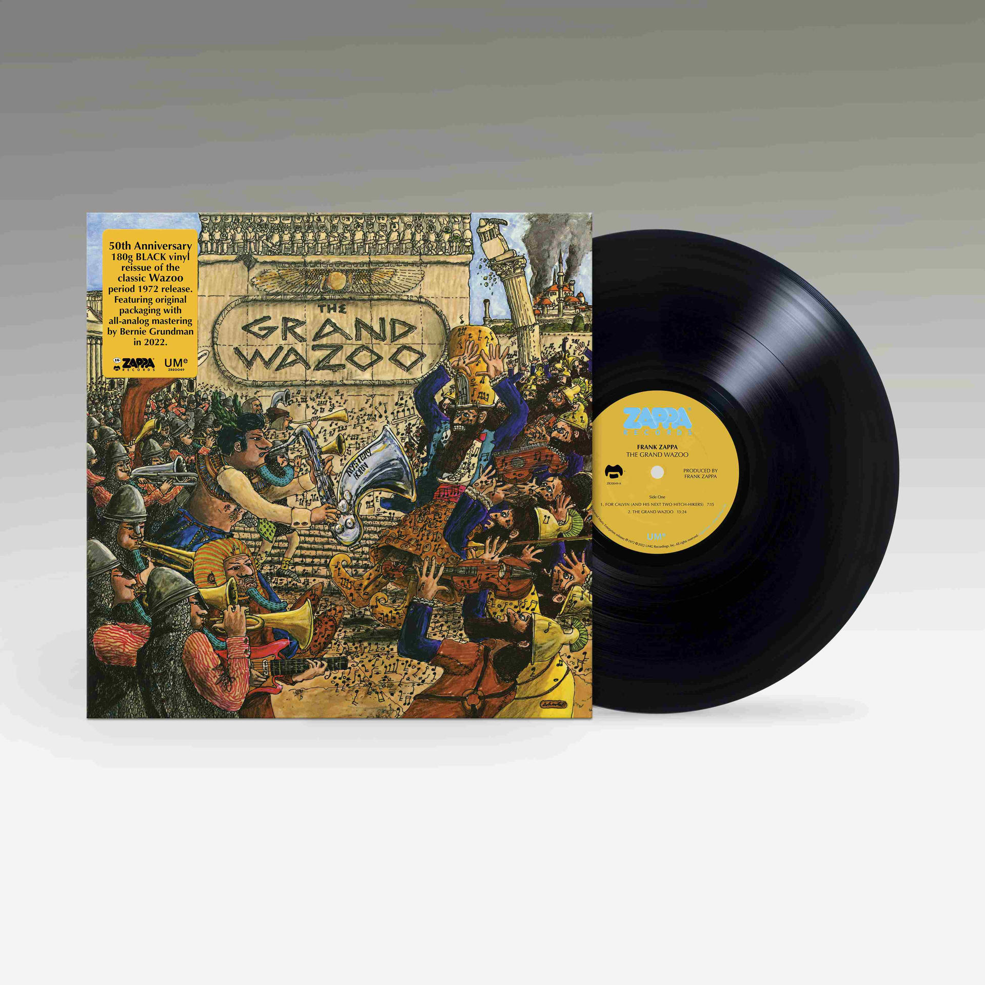 Vinyl-Schallplattenhülle: 'Grand Wazoo' Albumcover mit farbenfroher, detaillierter Illustration.