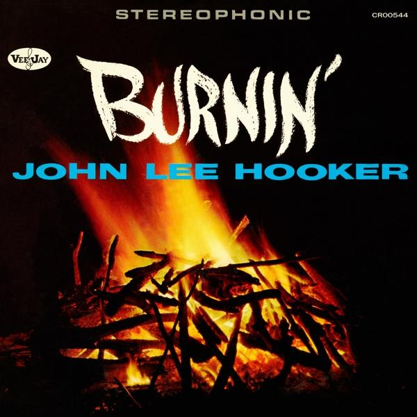Albumhoes van John Lee Hooker's Burnin', met een vreugdevuur en tekst.
