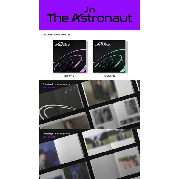 Couverture d'album avec le nom de Jin et le titre 'The Astronaut', versions 01 et 02, et pages du photobook.