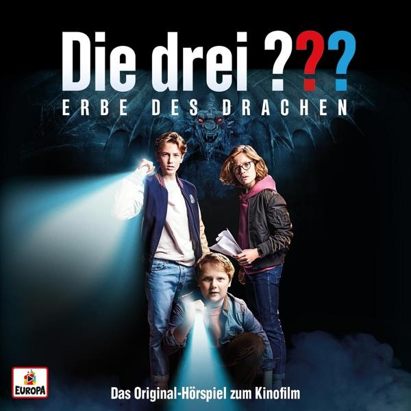 Drei Fragezeichen Buchcover mit drei Kindern, Titel und Drache.